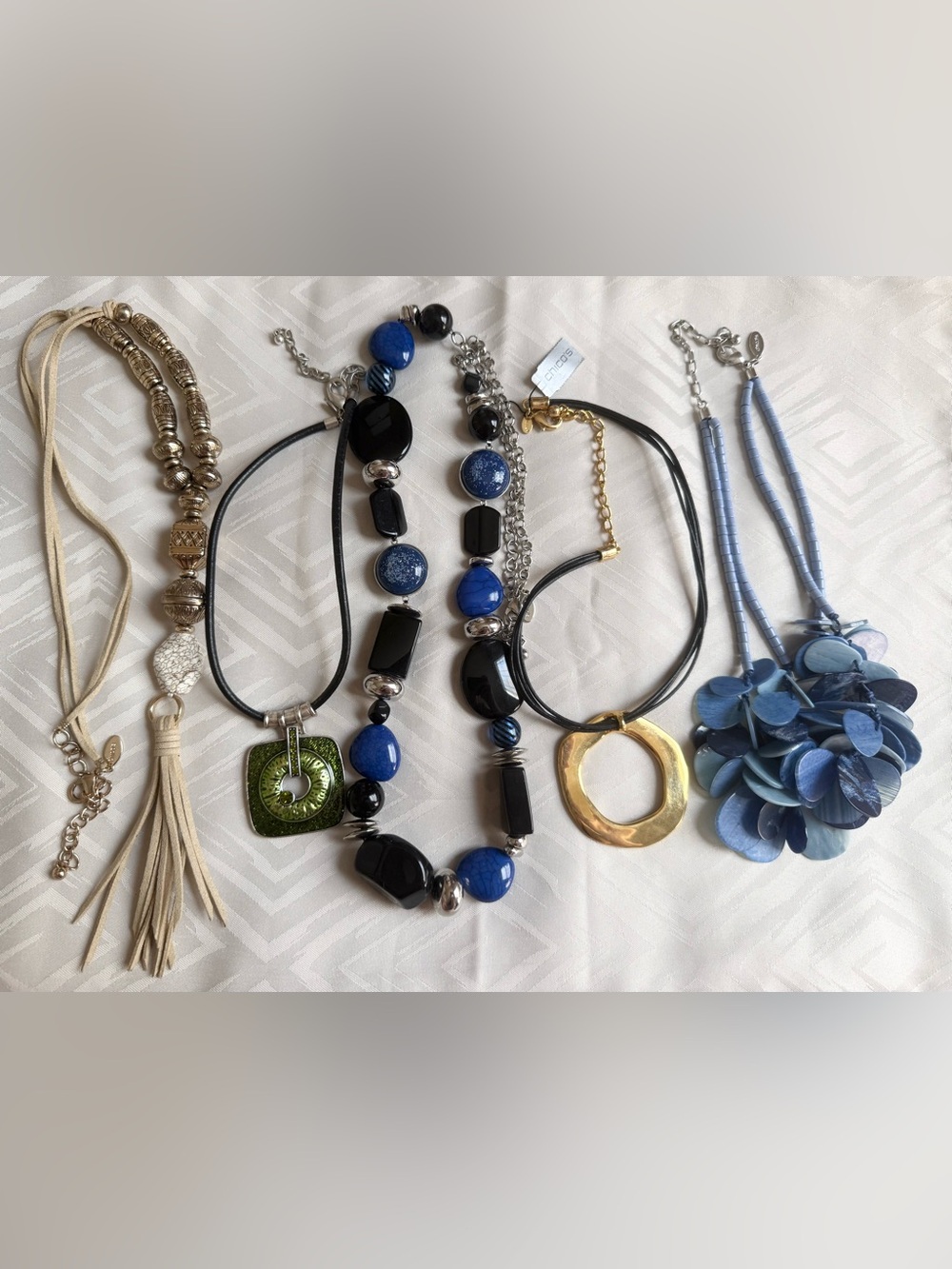 Lot of 5 Chico’s Acrylic Gold Tone Beaded and Pendant Long Necklace Blue